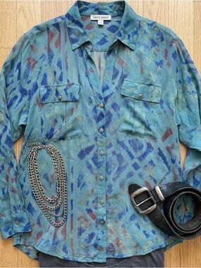 Gypsy 05 100% Silk Sheer Ikat Watercolor Button Down Shirt XS Oversized Boho